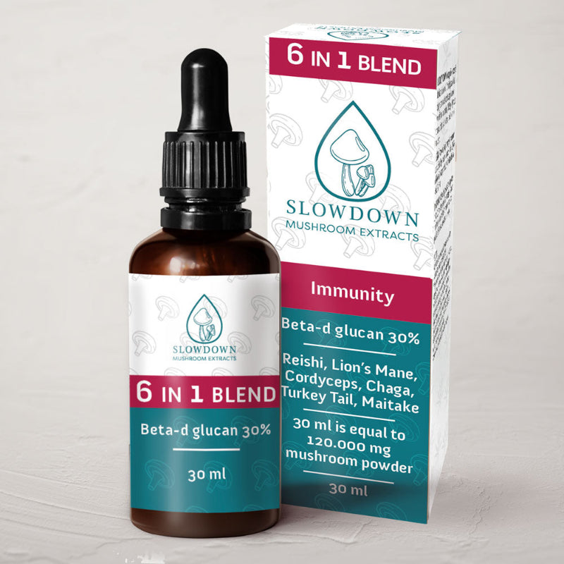 Slowdown Immunity 6 IN 1 BLEND 30ml bottle labeled Reishi Lion's Mane Cordyceps Chaga Turkey Tail Maitake
