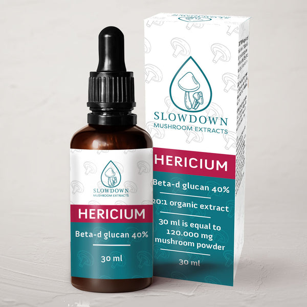 Slowdown Hericium Extract 30 ml bottle with dropper labeled Lion's Mane 20:1 40% beta-D-glucan
